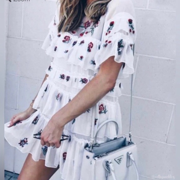 Zara White Ruffle Tiered Floral Embroidered Aztec Bloom Babydoll Dress Large - Picture 4 of 16